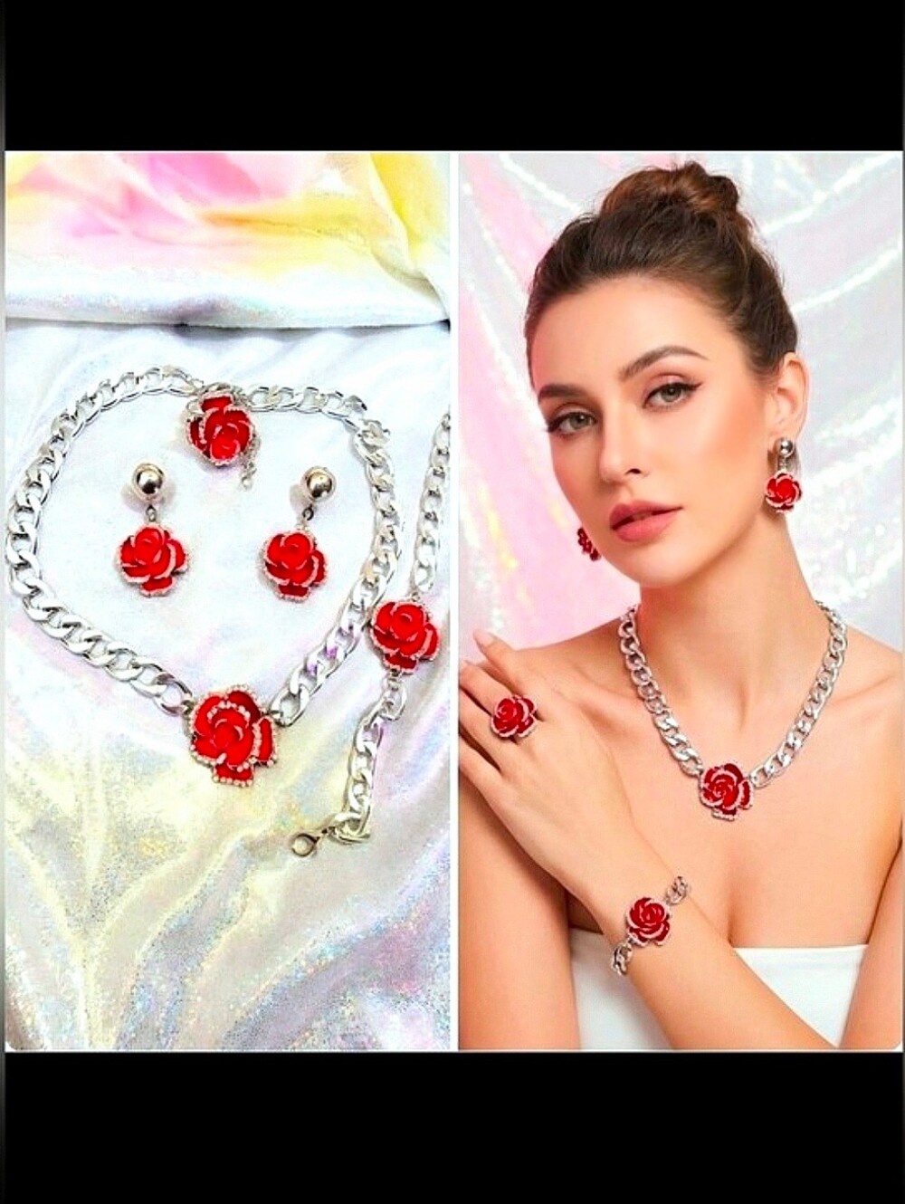 Silver Crystal Red Rose Necklace Earrings Bracelet And Ring set